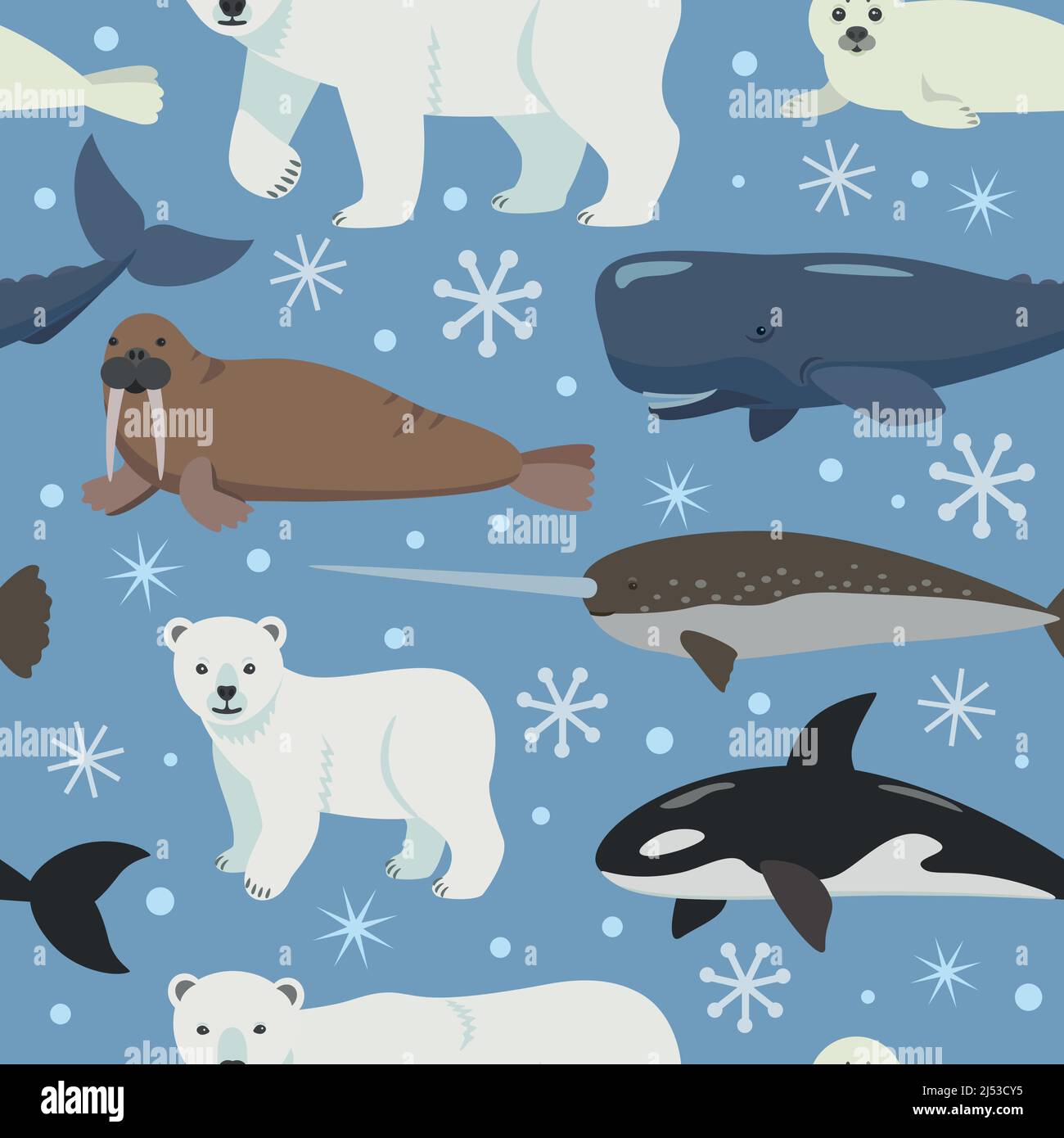 Seamless pattern with arctic animals. Vector cartoon illustration of polar bear, seal and whale. Nursery and baby decor adorable print. Stock Vector