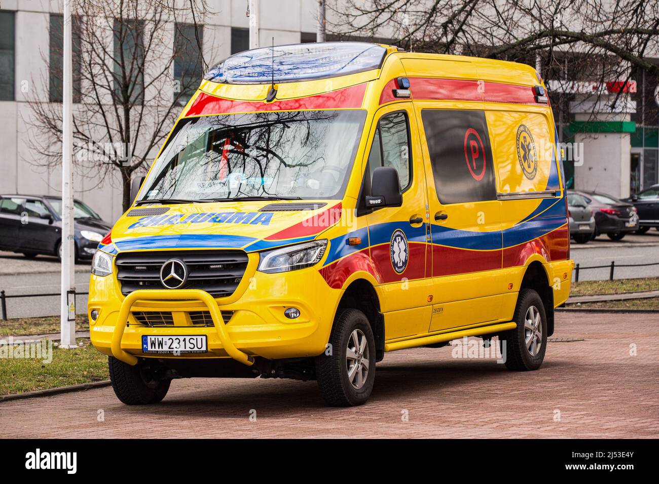 A modern Mercedes-Benz Sprinter 4x4 ambulance service seen in Warsaw. Stock Photo