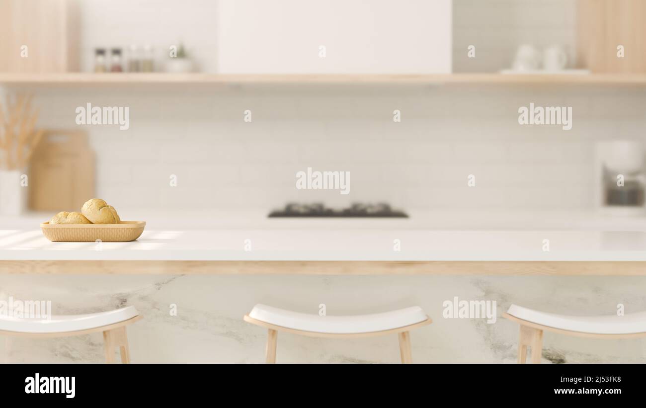 Closeup, Modern kitchen island with stools and copy space for product
