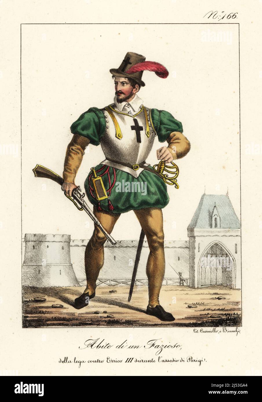 A partisan of the League opposing King Henry III during the Siege of Paris, French Wars of Religion, 1590. In plumed hat, breastplate, doublet, bombasted hose, armed with musket and swrod. Costume d'un Ligueur pendant le Siege de Paris. Handcoloured lithograph by Lorenzo Bianchi and Domenico Cuciniello after Hippolyte Lecomte from Costumi civili e militari della monarchia francese dal 1200 al 1820, Naples, 1825. Italian edition of Lecomte’s Civilian and military costumes of the French monarchy from 1200 to 1820. Stock Photo