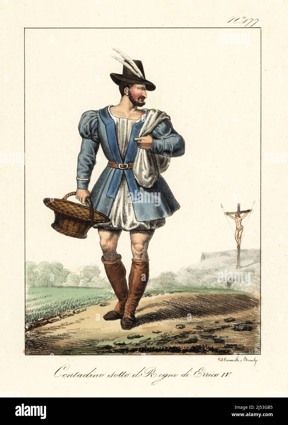 French peasant man in the reign of King Henry IV. In cap with feathers, doublet, shirt, breeches, boots. Looking at a man crucified on a hillside during the French Wars of Religion. Paysan sous le Regne de Henry IV. Handcoloured lithograph by Lorenzo Bianchi and Domenico Cuciniello after Hippolyte Lecomte from Costumi civili e militari della monarchia francese dal 1200 al 1820, Naples, 1825. Italian edition of Lecomte’s Civilian and military costumes of the French monarchy from 1200 to 1820. Stock Photo