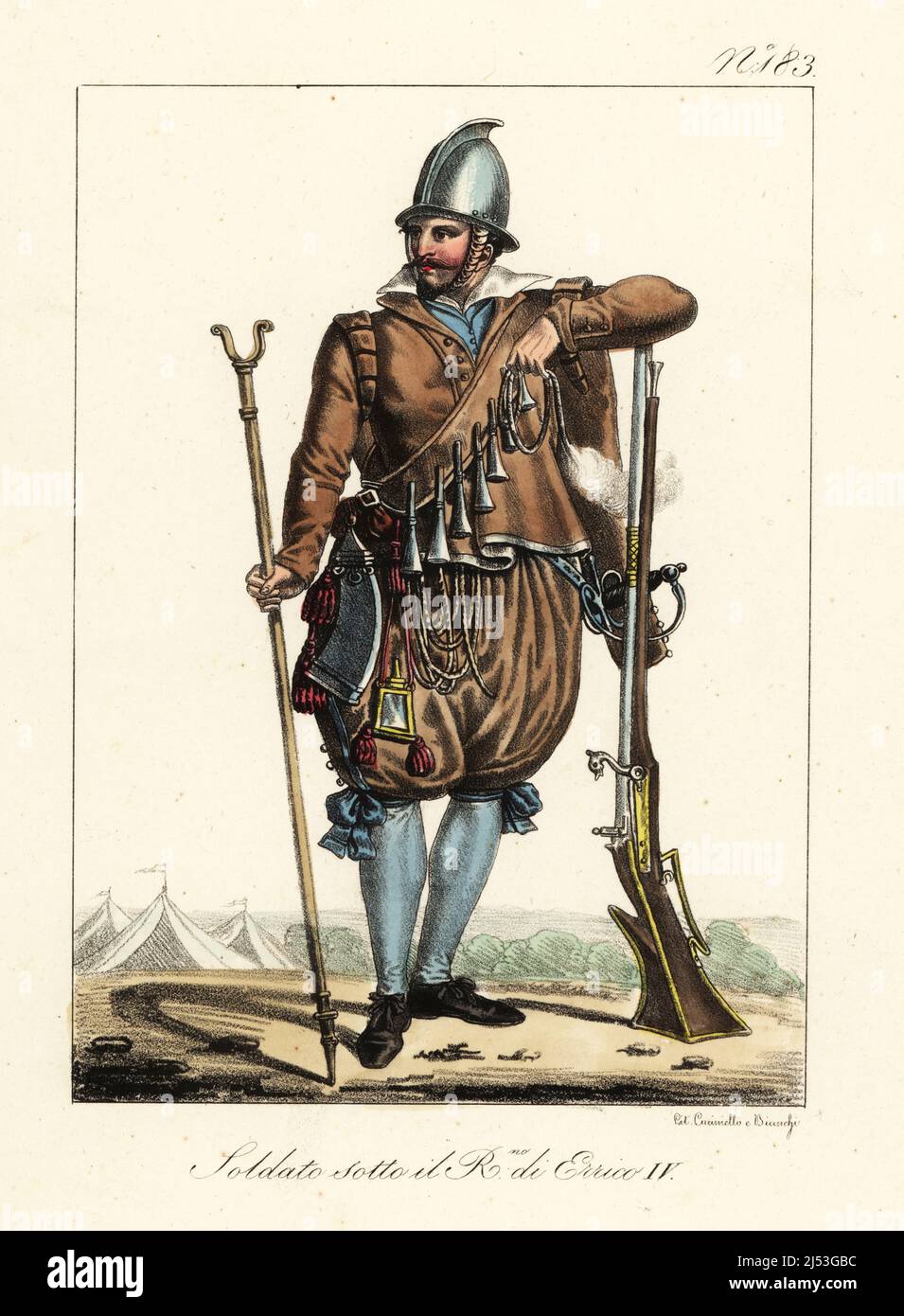 French soldier during the reign of King Henry IV of France, circa 1600. In morion helmet, doublet, pumpkin breeches, hose and shoes, armed with arquebus, powder horn, match and fork-rest. Soldat sous le Regne de Henry IV. Handcoloured lithograph by Lorenzo Bianchi and Domenico Cuciniello after Hippolyte Lecomte from Costumi civili e militari della monarchia francese dal 1200 al 1820, Naples, 1825. Italian edition of Lecomte’s Civilian and military costumes of the French monarchy from 1200 to 1820. Stock Photo