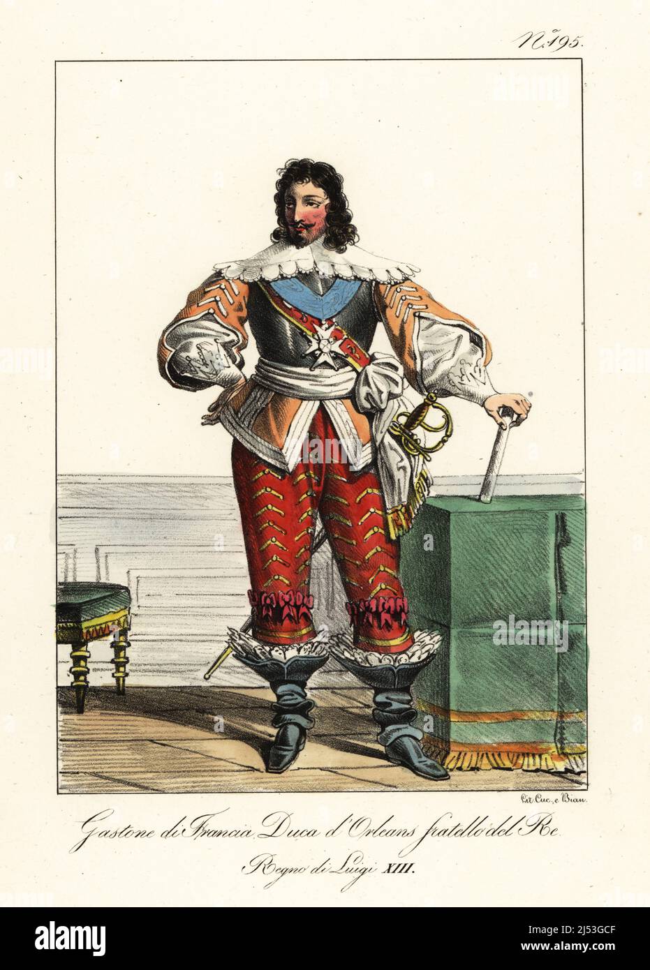 Monsieur Gaston, Duke of Orleans, 1608-1660, brother of King Louis XIII. In breastplate, doublet, lace collar, pantalons, cavalier boots, court sword. Gaston de France, Duc d'Orleans, Frere du Roi, Regne de Louis XIII. Handcoloured lithograph by Lorenzo Bianchi and Domenico Cuciniello after Hippolyte Lecomte from Costumi civili e militari della monarchia francese dal 1200 al 1820, Naples, 1825. Italian edition of Lecomte’s Civilian and military costumes of the French monarchy from 1200 to 1820. Stock Photo