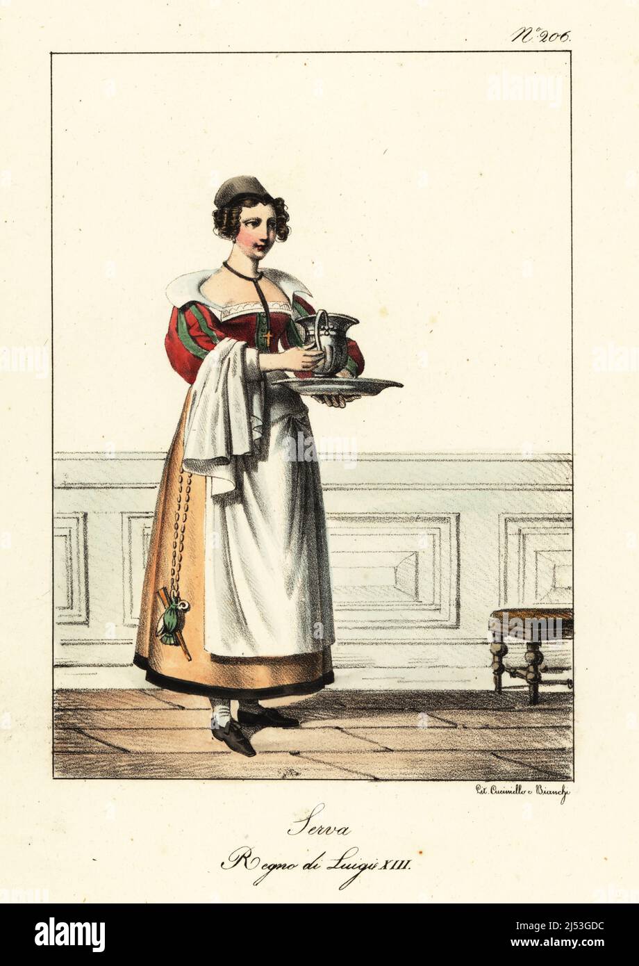 Costume of a maidservant, 17th century France. In gown with wide collar, slashed sleeves, bodice, skirts and apron, with alms bag and fan. Holding a pitcher and tray. Servante. Regne de Louis XIII, Handcoloured lithograph by Lorenzo Bianchi and Domenico Cuciniello after Hippolyte Lecomte from Costumi civili e militari della monarchia francese dal 1200 al 1820, Naples, 1825. Italian edition of Lecomte’s Civilian and military costumes of the French monarchy from 1200 to 1820. Stock Photo
