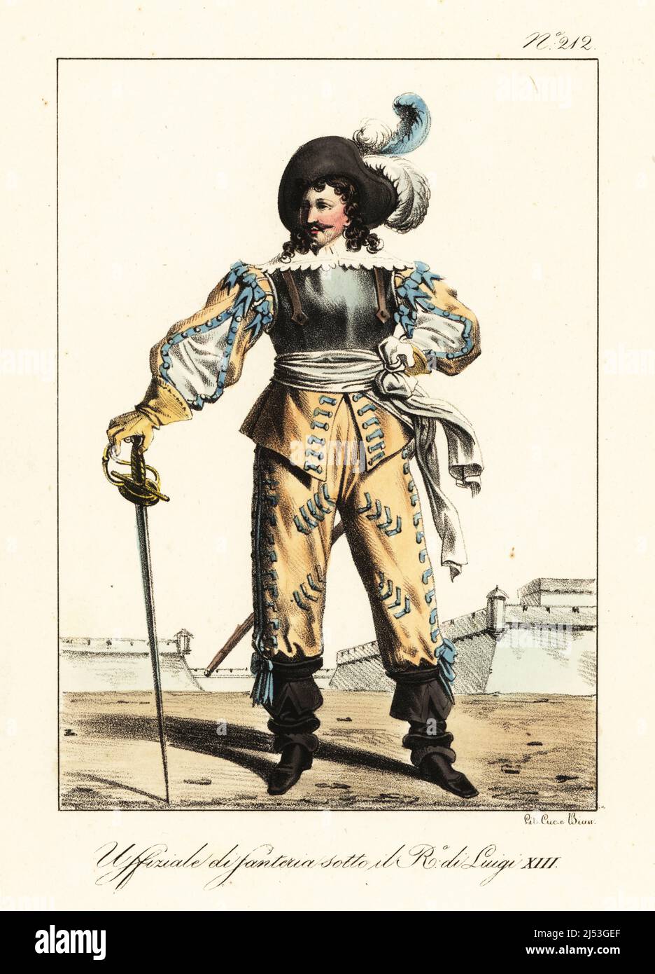 French infantry officer in the reign of King Louis XIII. Plumed cap,  breastplate, lace collar, doublet with slashed sleeves, pantalons, cavalier  boots, sword. Officier d'infanterie sous le Regne de Louis XIII.  Handcoloured