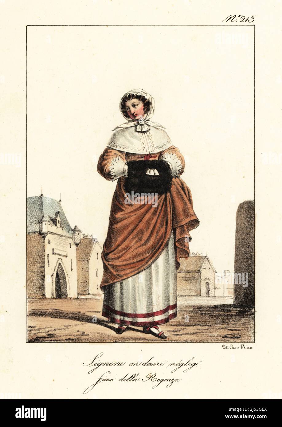 Young woman in morning dress, France, end of Regency, 1720s. In bonnet,  capelet, gown with full sleeves, underskirt, with fur muff. Jeune Dame en  demi Neglige, fin de la Regence. Handcoloured lithograph