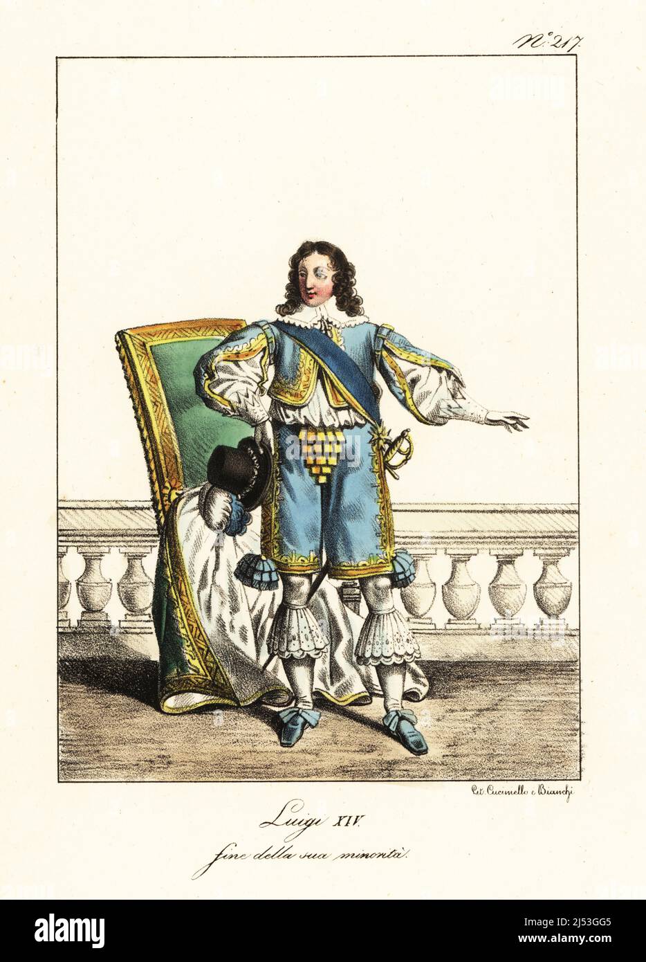 King Louis XIV of France at the end of his minority, about age 16, circa 1650. In plumed hat, lace collar, short jacket with slashed sleeves, pantalons, hose with lace garters, shoes with ribbons, court sword. Louis XIV, fin de sa minorite. Handcoloured lithograph by Lorenzo Bianchi and Domenico Cuciniello after Hippolyte Lecomte from Costumi civili e militari della monarchia francese dal 1200 al 1820, Naples, 1825. Italian edition of Lecomte’s Civilian and military costumes of the French monarchy from 1200 to 1820. Stock Photo