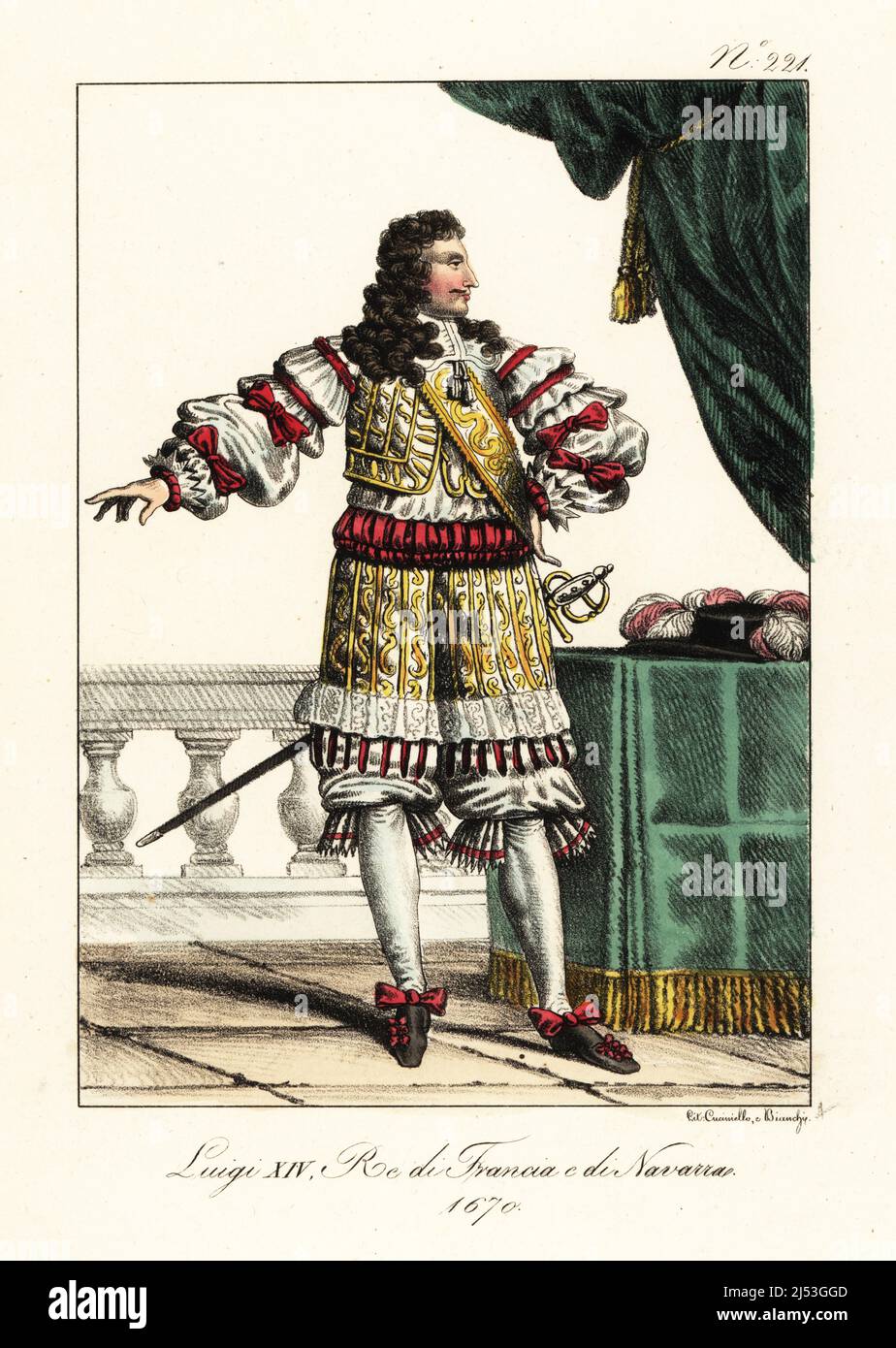 Portrait of King Louis XIV of France, 1670. The Sun King in embroidered waistcoat and pantalons, frilled sleeves and breeches, hose, ribbon shoes, court sword. Louis XIV, Roi de France et de Navarre, 1670. Handcoloured lithograph by Lorenzo Bianchi and Domenico Cuciniello after Hippolyte Lecomte from Costumi civili e militari della monarchia francese dal 1200 al 1820, Naples, 1825. Italian edition of Lecomte’s Civilian and military costumes of the French monarchy from 1200 to 1820. Stock Photo