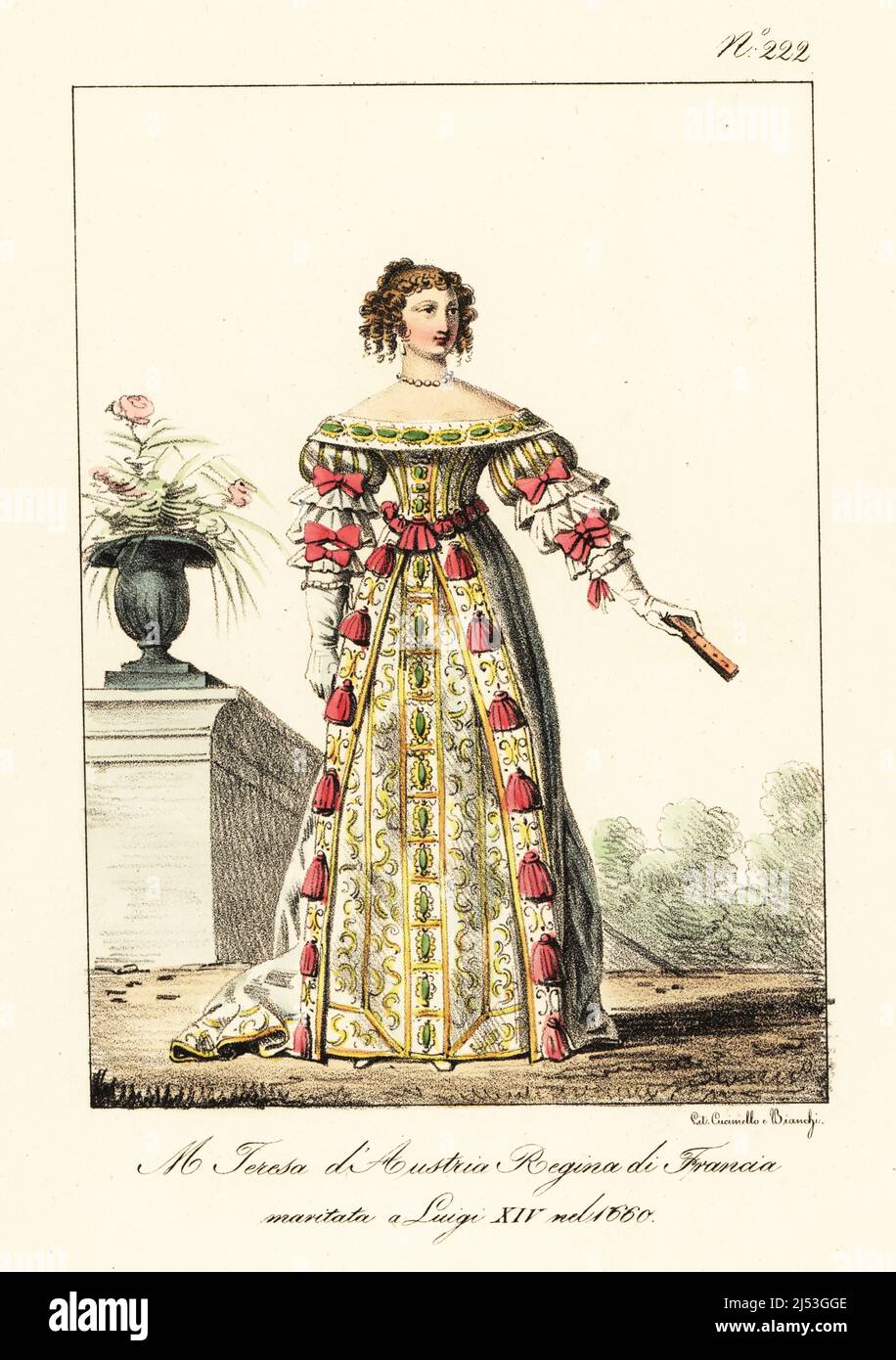 Portrait of Maria Theresa of Spain, at her marriage to French King Louis XIV in 1660. In off-the-shoulder embroidered gown and underskirt decorated with ribbons. Marie Therese d'Autriche; Reine de France, mariee a Louis XIV en 1660. Handcoloured lithograph by Lorenzo Bianchi and Domenico Cuciniello after Hippolyte Lecomte from Costumi civili e militari della monarchia francese dal 1200 al 1820, Naples, 1825. Italian edition of Lecomte’s Civilian and military costumes of the French monarchy from 1200 to 1820. Stock Photo