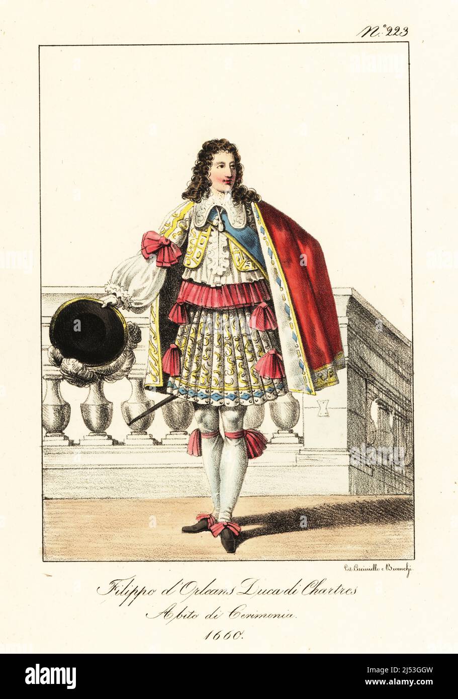 Philippe I, Duke of Orléans, in ceremonial robes, 1660. In scarlet cape, embroidered waistcoat and skirts, hose and garters, court sword. Younger brother of King Louis XIV of France. Philippe d'Orleans, Duc de Chartres. Costume de Ceremonie. Stock Photo