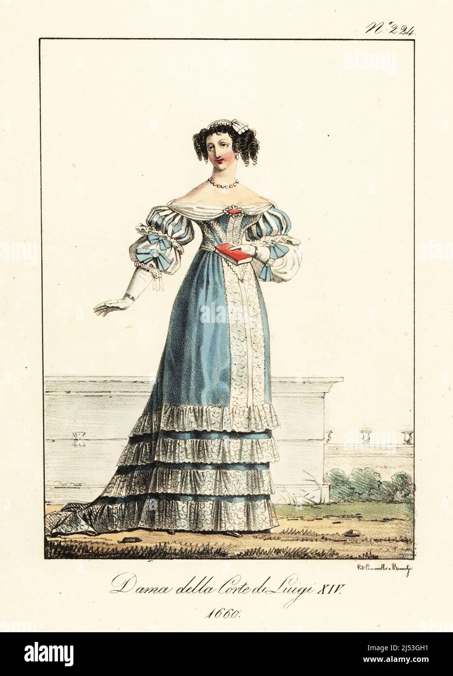 Costume of a lady at the court of King Louis XIV of France, 1660. In off-the-shoulder gown, lace tucker, slashed puff sleeves, lace-trimmed bodice and skirts with lace frills. Dame de la Cour de Louis XIV. Handcoloured lithograph by Lorenzo Bianchi and Domenico Cuciniello after Hippolyte Lecomte from Costumi civili e militari della monarchia francese dal 1200 al 1820, Naples, 1825. Italian edition of Lecomte’s Civilian and military costumes of the French monarchy from 1200 to 1820. Stock Photo