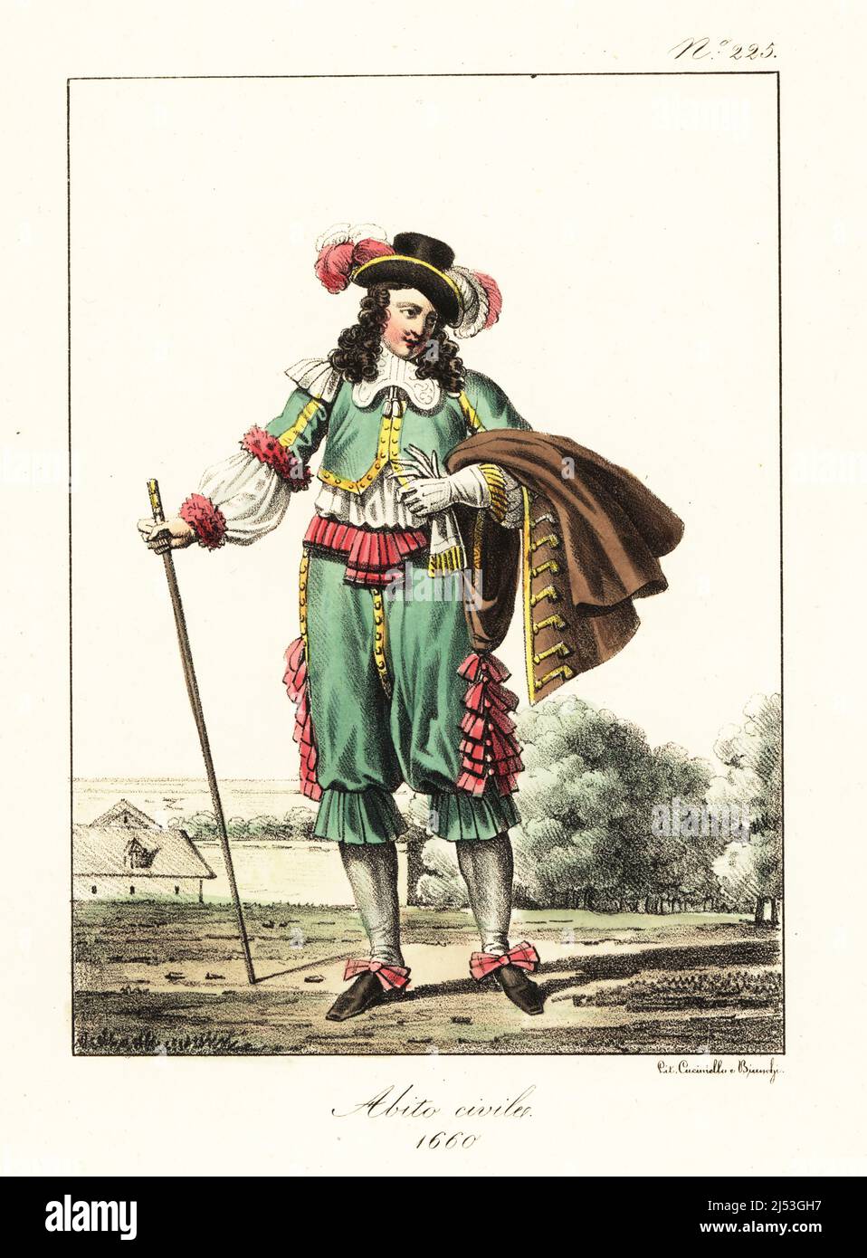 Costume of a French gentleman, 1660. In plumed hat, coat with frogging,  short jacket, shirt, pantalons with ribbons, hose, ribbon shoes, holding a  cane and glove. Costume Civil 1660. Handcoloured lithograph by