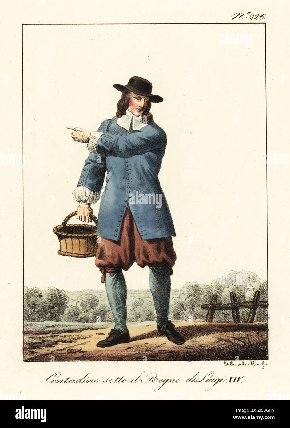 Costume of a French peasant in the mid 1600s. In hat, blue coat, cotton shirt, knee-length breeches, gaiters, holding a basket. Paysan sous le Regne de Louis XIV. Handcoloured lithograph by Lorenzo Bianchi and Domenico Cuciniello after Hippolyte Lecomte from Costumi civili e militari della monarchia francese dal 1200 al 1820, Naples, 1825. Italian edition of Lecomte’s Civilian and military costumes of the French monarchy from 1200 to 1820. Stock Photo