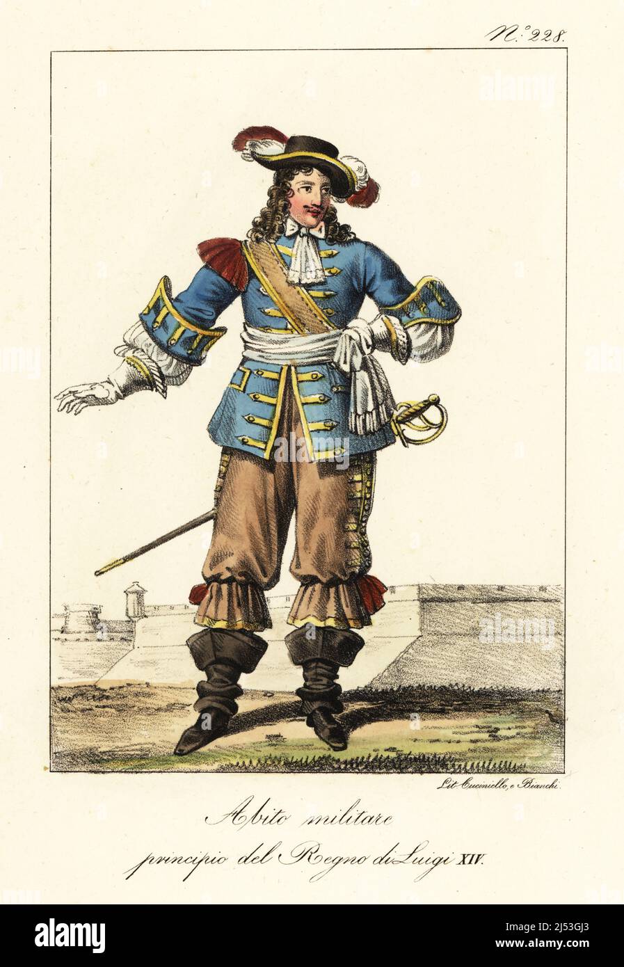 French military uniform of the start of the reign of King Louis XIV.  Plumed hat, blue coat with one epaulette, gold frogging, pantalons, cavalier boots, sword. Costume Militaire commencement du Regne de Louis XIV.. Handcoloured lithograph by Lorenzo Bianchi and Domenico Cuciniello after Hippolyte Lecomte from Costumi civili e militari della monarchia francese dal 1200 al 1820, Naples, 1825. Italian edition of Lecomte’s Civilian and military costumes of the French monarchy from 1200 to 1820. Stock Photo