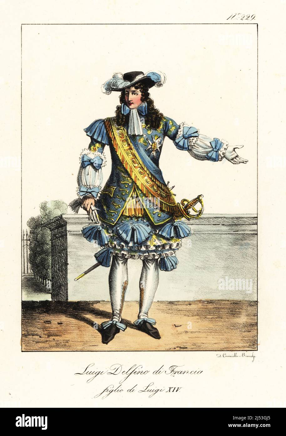 Louis, Grand Dauphin of France, 1661-1711. In plumed hat, embroidered coat with one epaulette and ribbons, gold sash, breeches, hose, ribbon shoes, court sword. Dauphin de France, fils de Louis XIV. Handcoloured lithograph by Lorenzo Bianchi and Domenico Cuciniello after Hippolyte Lecomte from Costumi civili e militari della monarchia francese dal 1200 al 1820, Naples, 1825. Italian edition of Lecomte’s Civilian and military costumes of the French monarchy from 1200 to 1820. Stock Photo