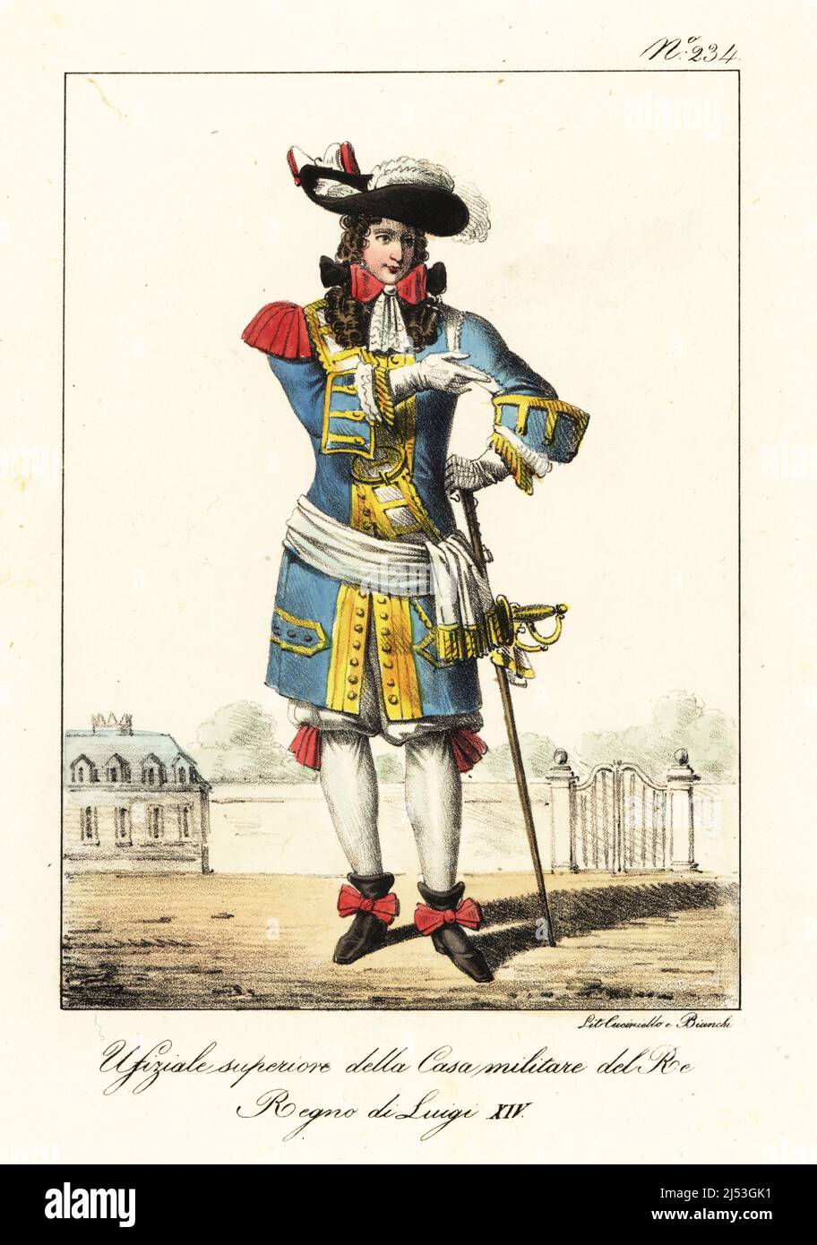 Uniform of a Superior Officer in the French Military Household of the King of France, reign of King Louis XIV. Plumed hat, blue coat with epaulette and gold frogging, cravatte with ribbons, pantalons, hose, ribbon bootlets, armed with sword and staff. Officier superieur de la Maison Militaire du Roi. Regne de Louis XIV. Handcoloured lithograph by Lorenzo Bianchi and Domenico Cuciniello after Hippolyte Lecomte from Costumi civili e militari della monarchia francese dal 1200 al 1820, Naples, 1825. Italian edition of Lecomte’s Civilian and military costumes of the French monarchy from 1200 to 182 Stock Photo