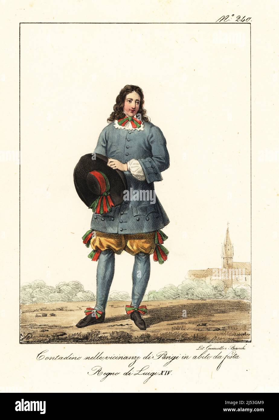 Parisian peasant in festival costume, 17th century. In coat, breeches, gaiters, and wide-brim hat, all decorated with red and green ribbons. Paysan des environs de Paris, en habit de Fete. Regne de Louis XIV. Handcoloured lithograph by Lorenzo Bianchi and Domenico Cuciniello after Hippolyte Lecomte from Costumi civili e militari della monarchia francese dal 1200 al 1820, Naples, 1825. Italian edition of Lecomte’s Civilian and military costumes of the French monarchy from 1200 to 1820. Stock Photo