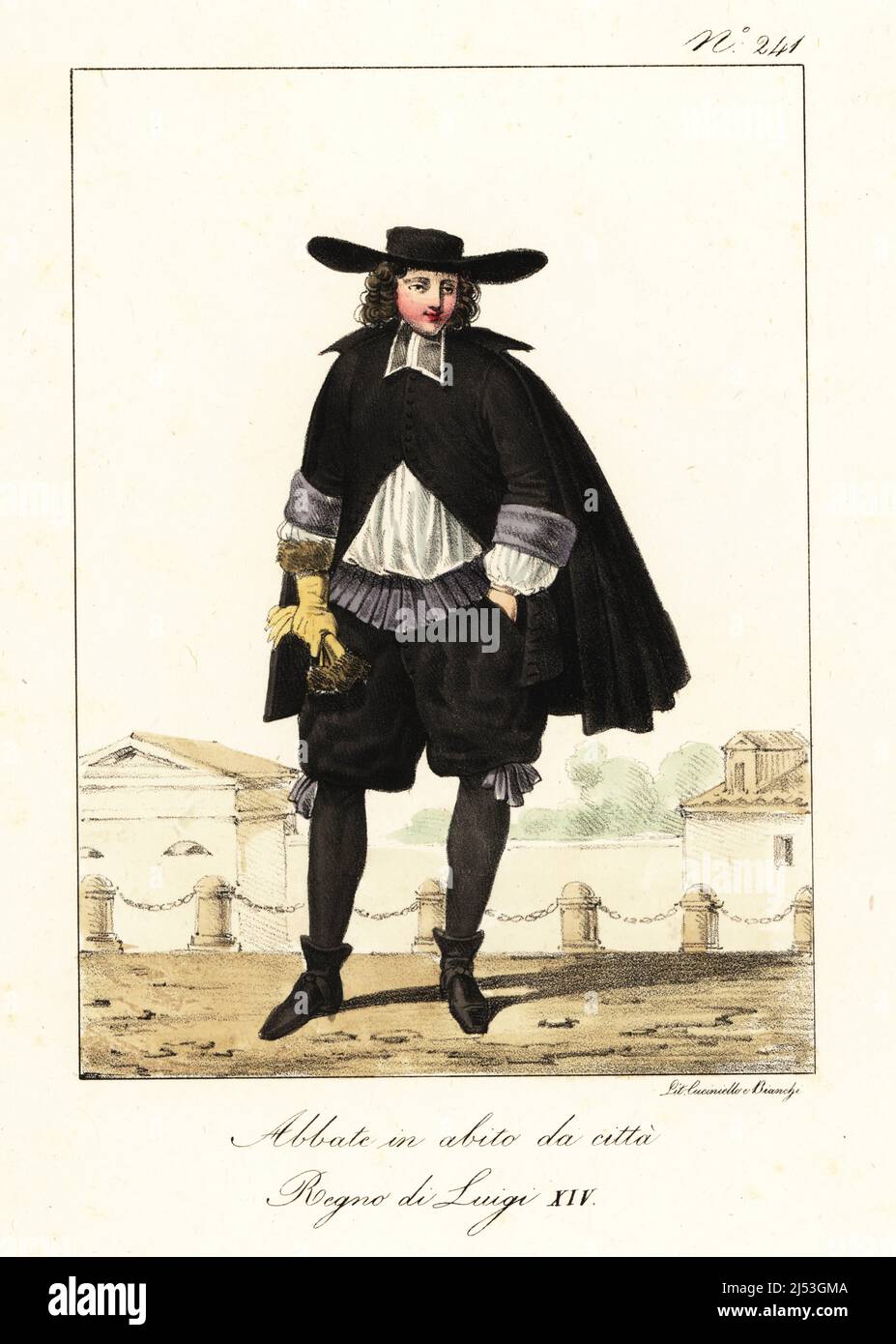Costume of a French abbot, 17th century. In wide-brim hat, black coat and breeches, white shirt, garters, hose, bootlets, gloves. Abbe en habit de ville. Regne de Louis XIV. Handcoloured lithograph by Lorenzo Bianchi and Domenico Cuciniello after Hippolyte Lecomte from Costumi civili e militari della monarchia francese dal 1200 al 1820, Naples, 1825. Italian edition of Lecomte’s Civilian and military costumes of the French monarchy from 1200 to 1820. Stock Photo