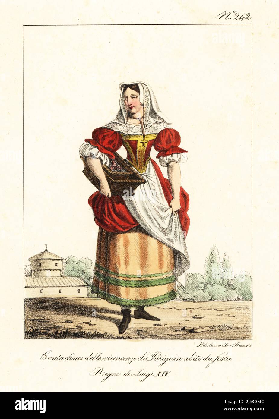 Parisian peasant in festival clothes, 17th century. In lace veil, scarlet gown with gold bodice, lace tucker, apron, embroidered petticoats, bootlets, with basket. Paysanne des environs de Paris, en habit de Fete. Regne de Louis XIV. Handcoloured lithograph by Lorenzo Bianchi and Domenico Cuciniello after Hippolyte Lecomte from Costumi civili e militari della monarchia francese dal 1200 al 1820, Naples, 1825. Italian edition of Lecomte’s Civilian and military costumes of the French monarchy from 1200 to 1820. Stock Photo