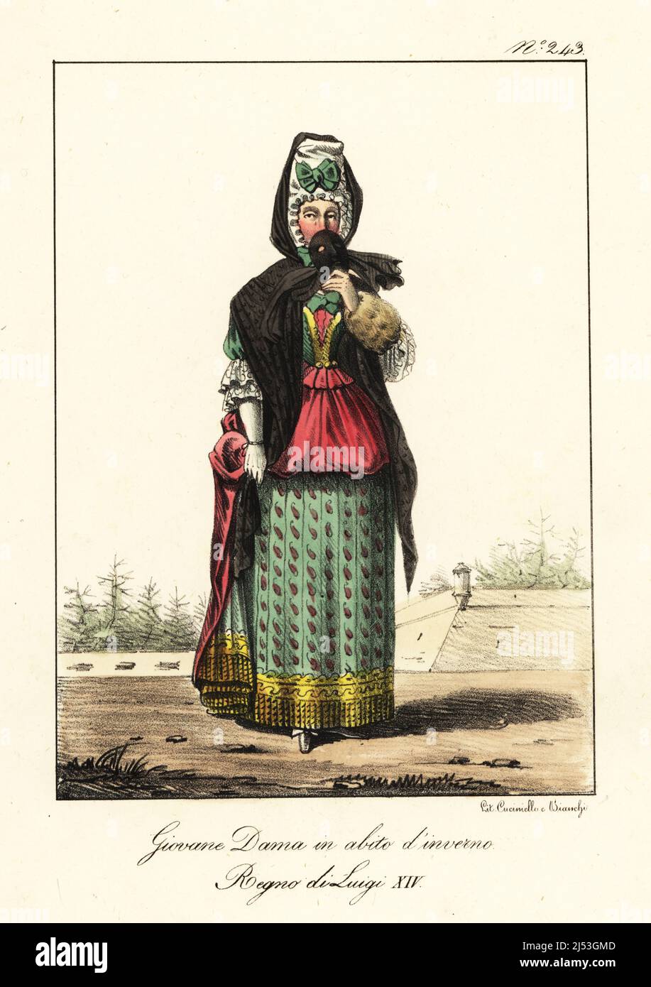 Young woman in winter outfit, 17th century. Black shawl worn over a tall bonnet, green and crimson gown, holding a masquerade mask. printed petticoat. Jeune Dame en Costume d'Hiver. Regne de Louis XIV. Handcoloured lithograph by Lorenzo Bianchi and Domenico Cuciniello after Hippolyte Lecomte from Costumi civili e militari della monarchia francese dal 1200 al 1820, Naples, 1825. Italian edition of Lecomte’s Civilian and military costumes of the French monarchy from 1200 to 1820. Stock Photo