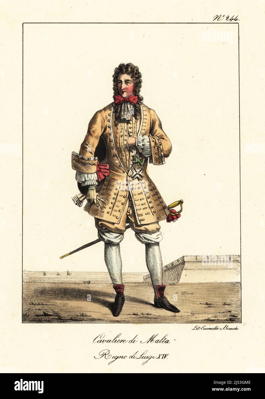 Knight of the Order of Malta, 17th century. In buff jacket with large cuffs, cravatte and ribbon, breeches, gaiters, bootlets and sword. Chevalier de Malthe. Regne de Louis XIV. Handcoloured lithograph by Lorenzo Bianchi and Domenico Cuciniello after Hippolyte Lecomte from Costumi civili e militari della monarchia francese dal 1200 al 1820, Naples, 1825. Italian edition of Lecomte’s Civilian and military costumes of the French monarchy from 1200 to 1820. Stock Photo