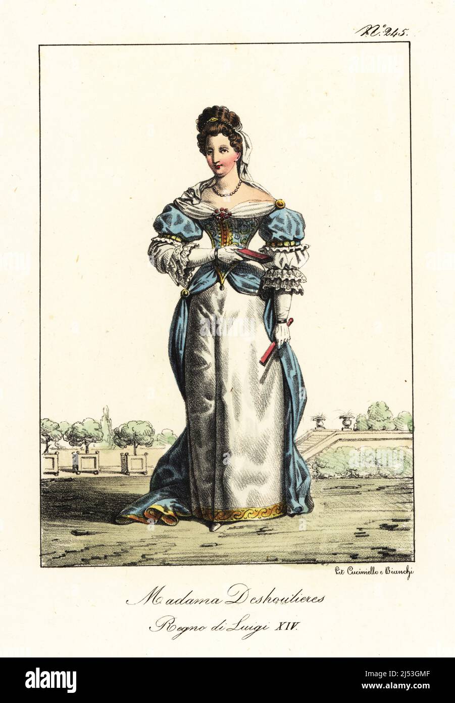 Antoinette Du Ligier de la Garde Deshoulières, 1638-1694, French poet at the court of King Louis XIV and literary society. In low-cut gown, tucker, embroidered bodice, frilled sleeves, gold hemmed petticoat. Madame Deshoulieres. Regne de Louis XIV. Handcoloured lithograph by Lorenzo Bianchi and Domenico Cuciniello after Hippolyte Lecomte from Costumi civili e militari della monarchia francese dal 1200 al 1820, Naples, 1825. Italian edition of Lecomte’s Civilian and military costumes of the French monarchy from 1200 to 1820. Stock Photo