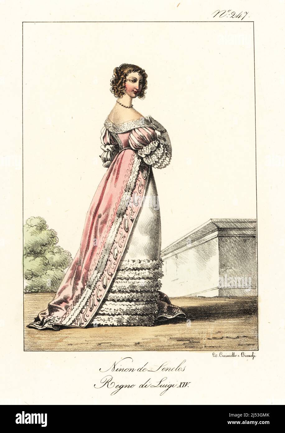 Anne Ninon de l'Enclos, 1620-1705, French author, courtesan, beauty, wit, salonist and patron of the arts. In pink gown with frilled sleeves, laced bodice, embroidered skirt, frilled underskirt. Ninon de Lenclos. Regne de Louis XIV. Handcoloured lithograph by Lorenzo Bianchi and Domenico Cuciniello after Hippolyte Lecomte from Costumi civili e militari della monarchia francese dal 1200 al 1820, Naples, 1825. Italian edition of Lecomte’s Civilian and military costumes of the French monarchy from 1200 to 1820. Stock Photo