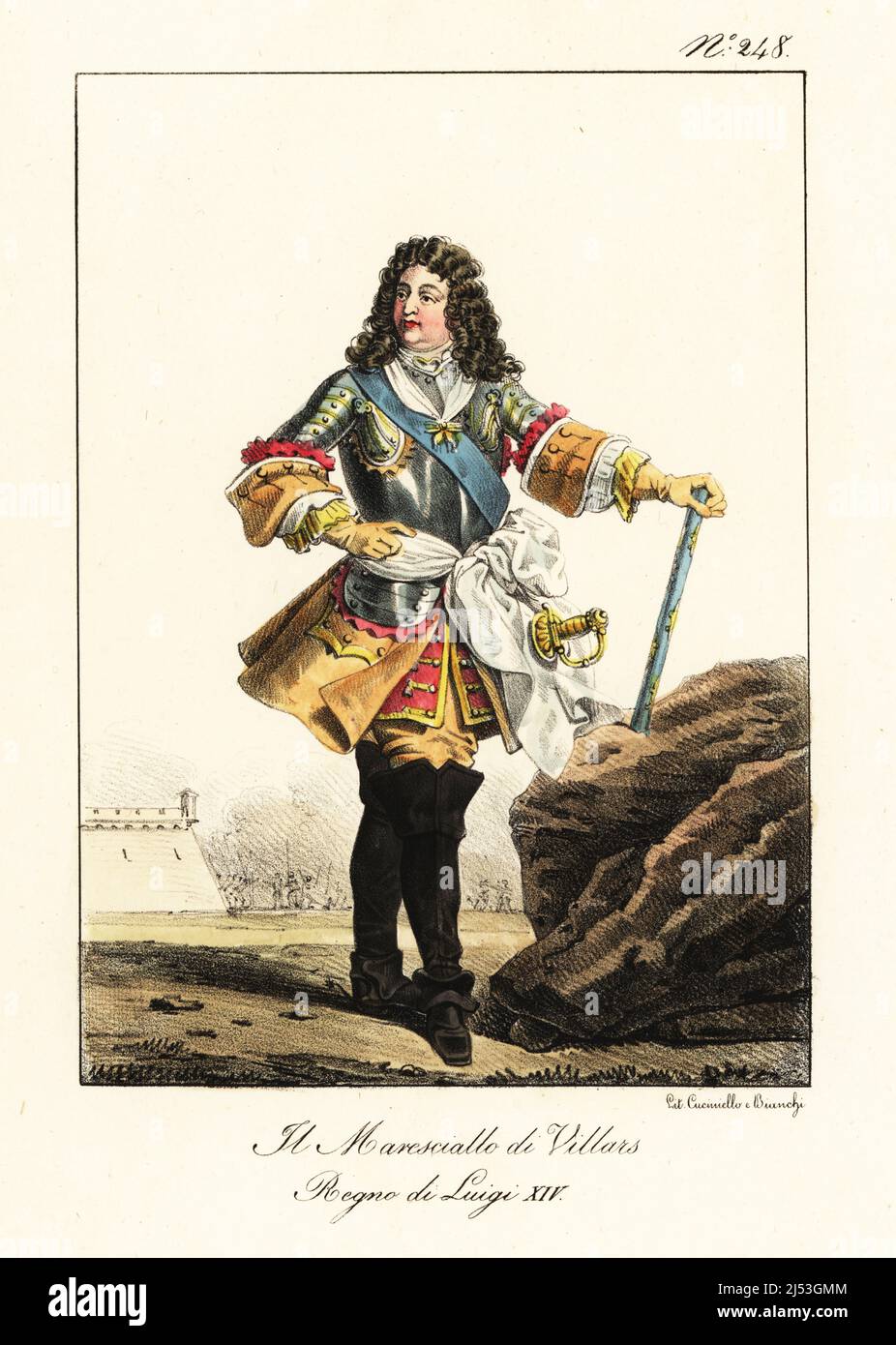 Claude Louis Hector de Villars, Prince de Martigues, Duc de Villars, Vicomte de Melun, 1653-1734, French military commander to King Louis XIV of France. In buff coat, red jacket with frogging, breastplate, ribbon with Order of the Golden Fleece, sword and baton. Le Marechal de Villars. Regne de Louis XIV. Handcoloured lithograph by Lorenzo Bianchi and Domenico Cuciniello after Hippolyte Lecomte from Costumi civili e militari della monarchia francese dal 1200 al 1820, Naples, 1825. Italian edition of Lecomte’s Civilian and military costumes of the French monarchy from 1200 to 1820. Stock Photo