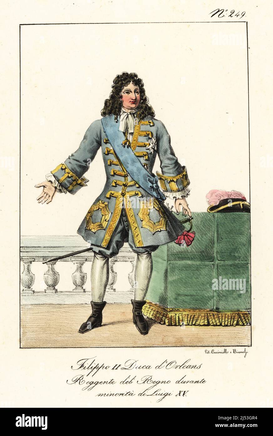 Philippe II, Duke of Orleans, 1674-1723, French royal, soldier, and statesman who served as Regent of France. In blue coat with gold frogging, cravatte, breeches, hose, bootlets, with court sword. Philippe II. Duc d'Orleans. Regent du Royaume pendant le minorite de Louis XV. Handcoloured lithograph by Lorenzo Bianchi and Domenico Cuciniello after Hippolyte Lecomte from Costumi civili e militari della monarchia francese dal 1200 al 1820, Naples, 1825. Italian edition of Lecomte’s Civilian and military costumes of the French monarchy from 1200 to 1820. Stock Photo
