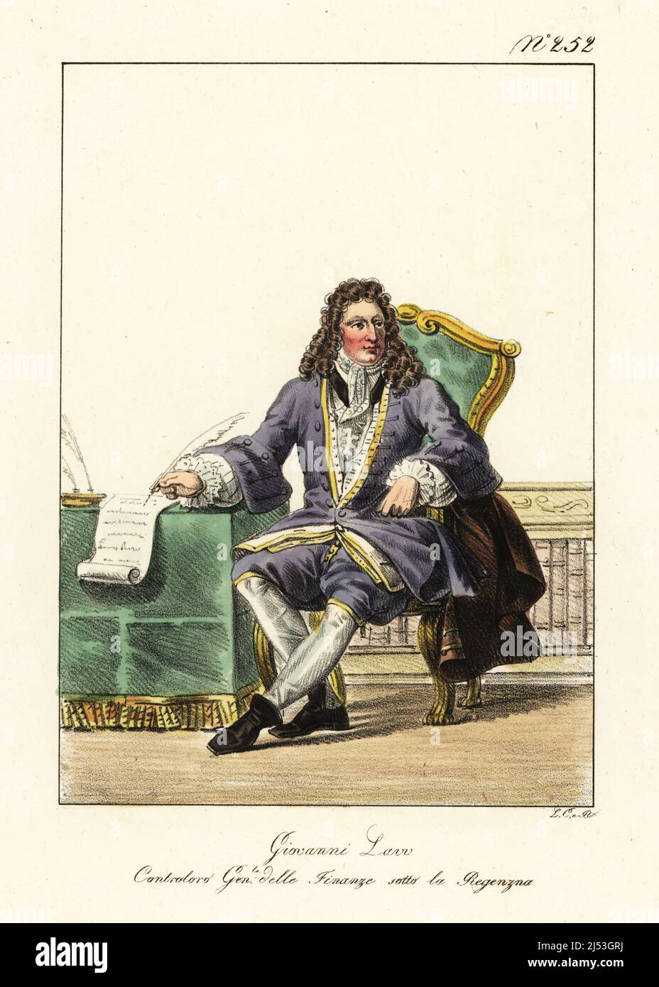 John Law, 1671-1729, Scottish economist and banker who served as Controller General of Finances under the French Regency, 1715-1723. In purple coat and breeches, hose, bootlets, with quill pen and scroll. Jean Law. Controleur General des Finances sous la Regence. Handcoloured lithograph by Lorenzo Bianchi and Domenico Cuciniello after Hippolyte Lecomte from Costumi civili e militari della monarchia francese dal 1200 al 1820, Naples, 1825. Italian edition of Lecomte’s Civilian and military costumes of the French monarchy from 1200 to 1820. Stock Photo
