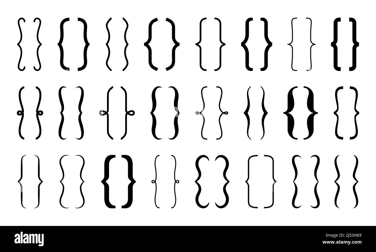 Parenthesis text brackets, curly, round, square, elegant frame. Isolated vector punctuation marks of black parentheses, calligraphy figured elements of curly bracket and brace frames Stock Vector
