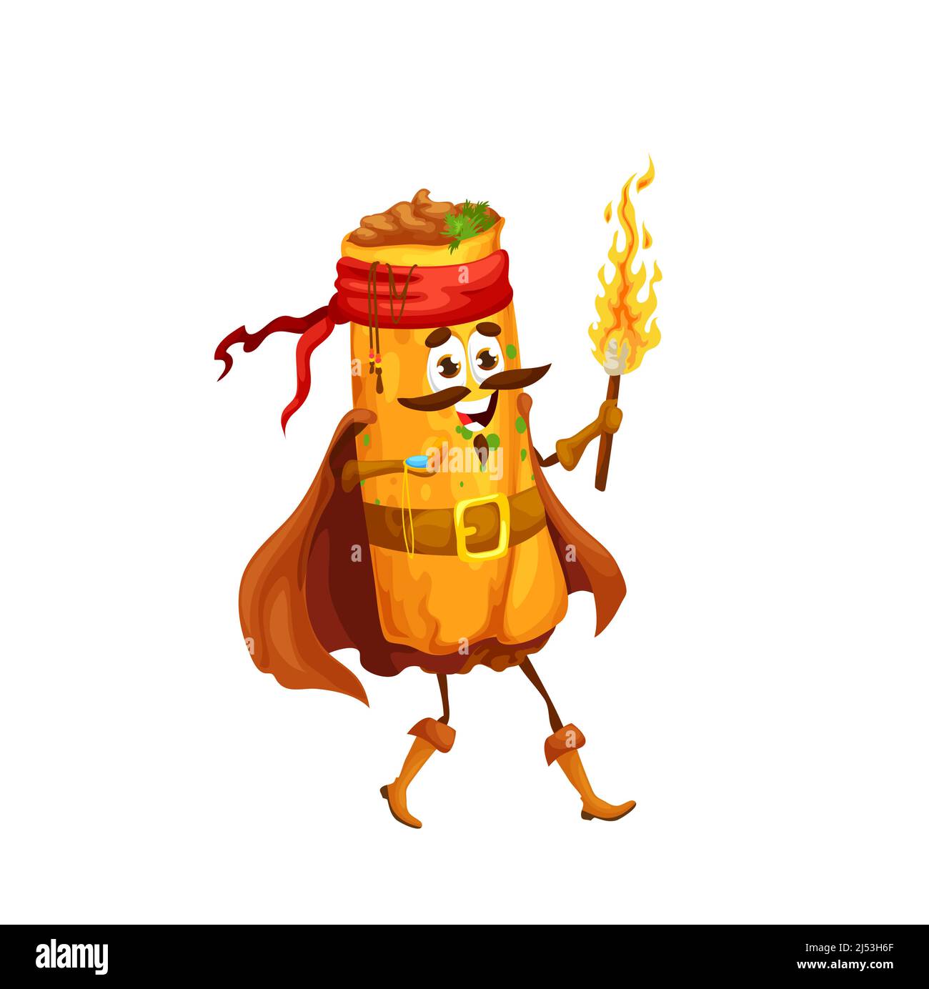Cartoon mexican enchilada pirate character with torch. Vector roll of