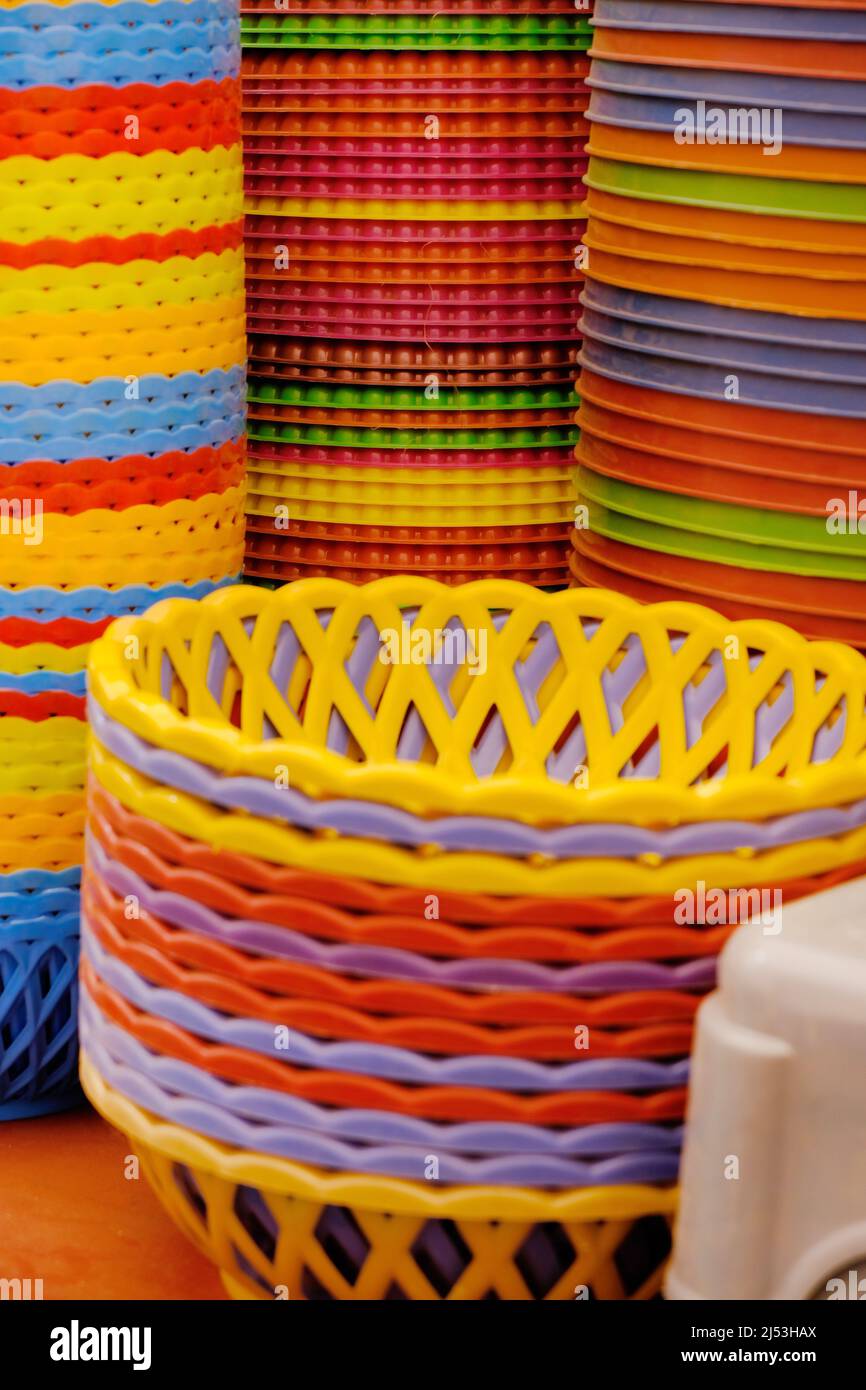 Plastic products, Shop with various houseware, Recycled plastic for sale, many choices. Stock Photo