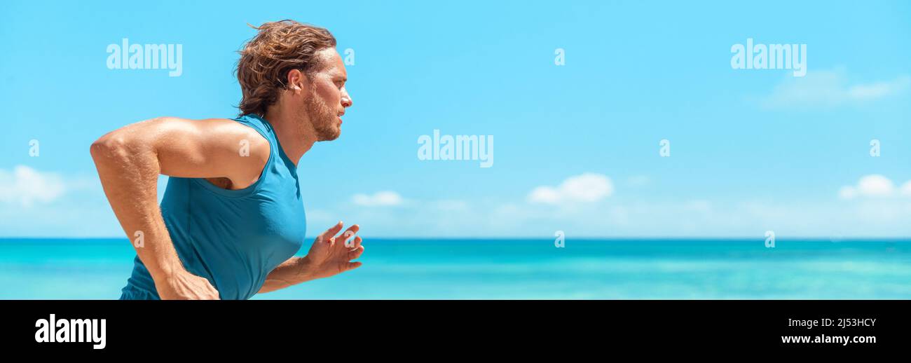 Runner man athlete running on blue ocean and sky banner landscape . Sport active fitness lifestyle panoramic background. Beach run guy profile Stock Photo
