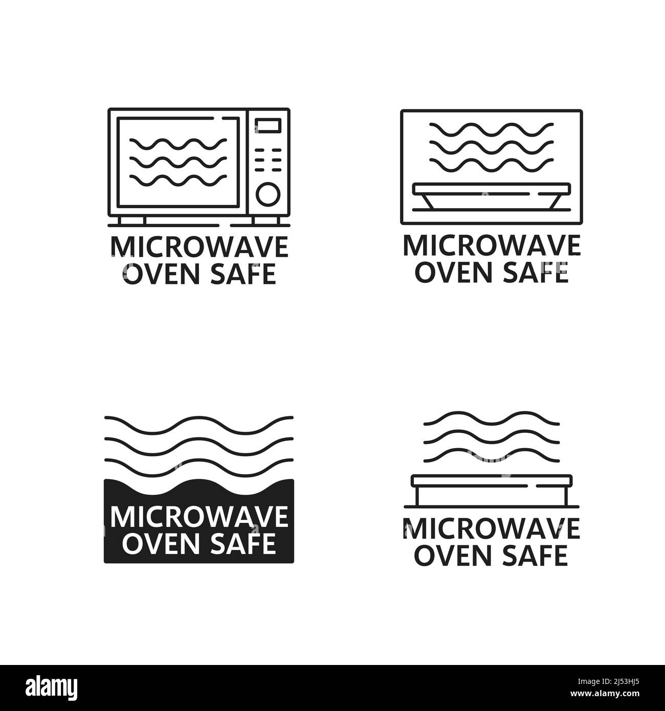 Microwave oven safe icons and signs. Vector electric oven, food cooking and heating containers with electromagnetic radiation waves, symbols of microwave safety for plastic or glass kitchen utensil Stock Vector