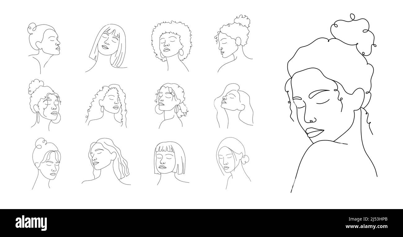 Set of abstract woman faces. Elegant female portraits with closed eyes. Hand drawn outline female silhouettes. Vector illustration in one line style Stock Vector