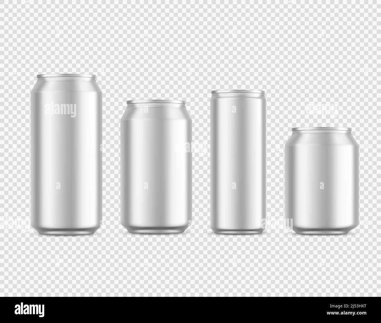 Realistic beer, soda aluminium cans, drink silver mockups. Isolated vector short and tall blank canisters with lemonade, juice, coffee or energy beverage. Metal 3d tin jars front view, metallic tubes Stock Vector