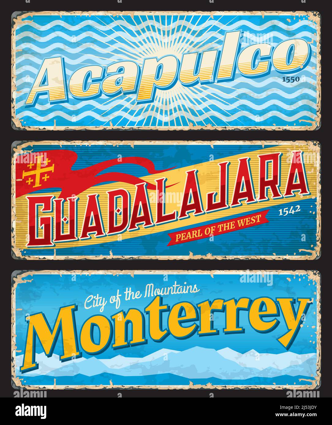 Monterrey, Guadalajara, Acapulco city travel plates and stickers. Mexican vacation journey vintage tin sign or retro banners with city flags. South America travel postcard or tourism grungy sticker Stock Vector