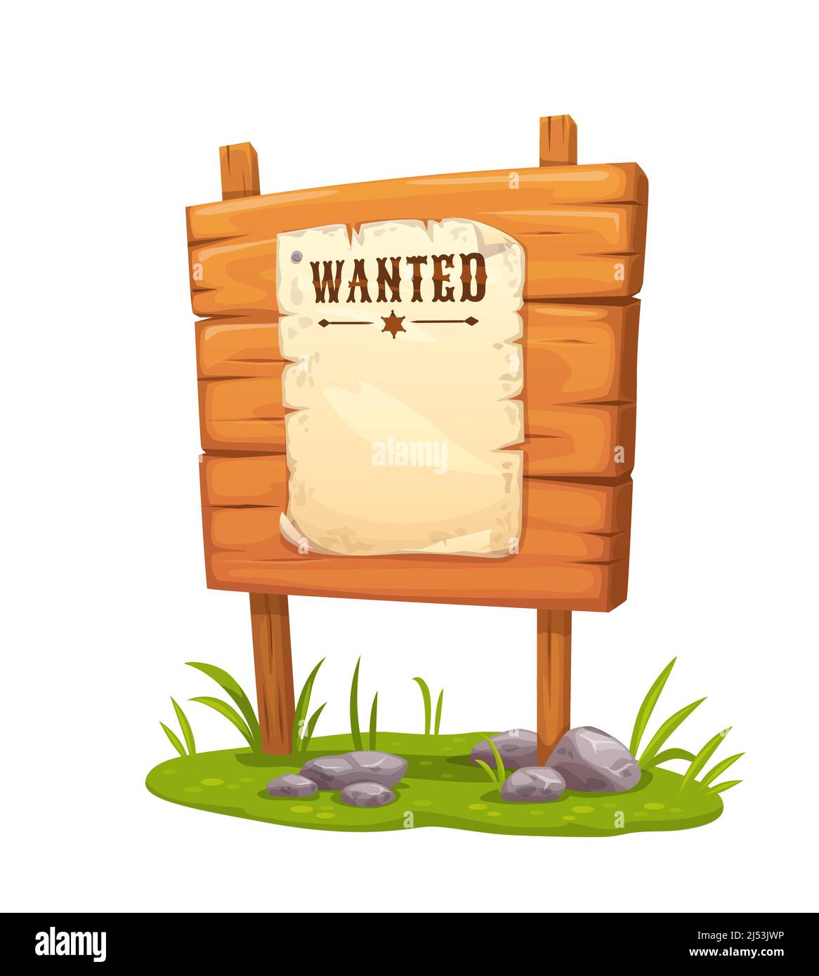 Wood sign, cartoon western wanted board. Vector wild west announcement on parchment with sheriff