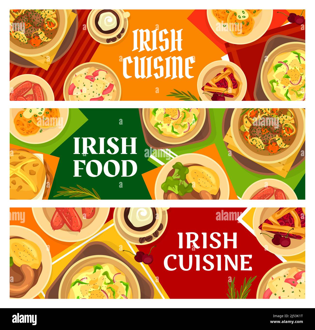 Irish cuisine restaurant dishes, meals banners. Boxty potato pancake, potato salad and beef Irish stew, homemade pork sausages and cherry pie, soda bread, meat and beer stew vector. Irish food meals Stock Vector