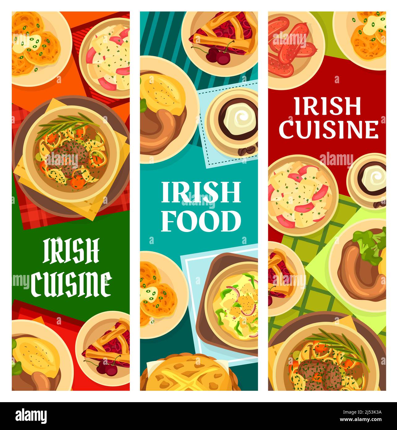 Irish cuisine restaurant meals banners. Beef vegetable Irish stew, soda bread and cherry pie, meat and beer stew, Boxty pancake, potato salad and homemade sausages vector. Irish food dishes posters Stock Vector