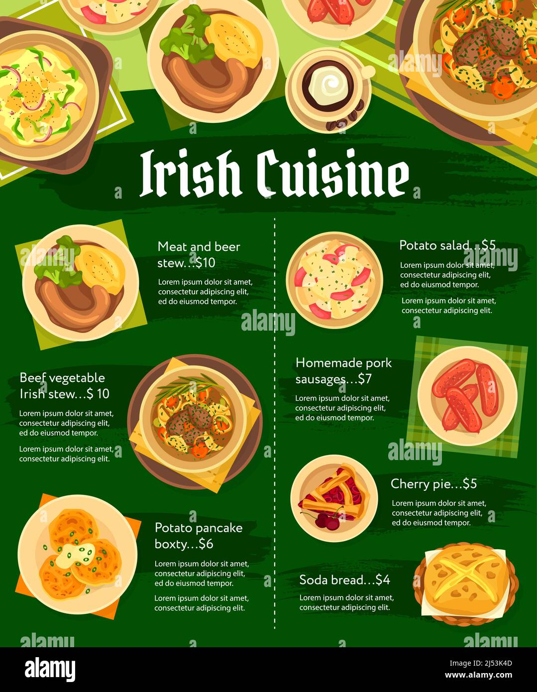 Irish cuisine restaurant meals and dishes menu template. Meat and beer stew, beef vegetable Irish stew and potato pancake boxty and salad, homemade pork sausages and cherry pie, soda bread vector Stock Vector