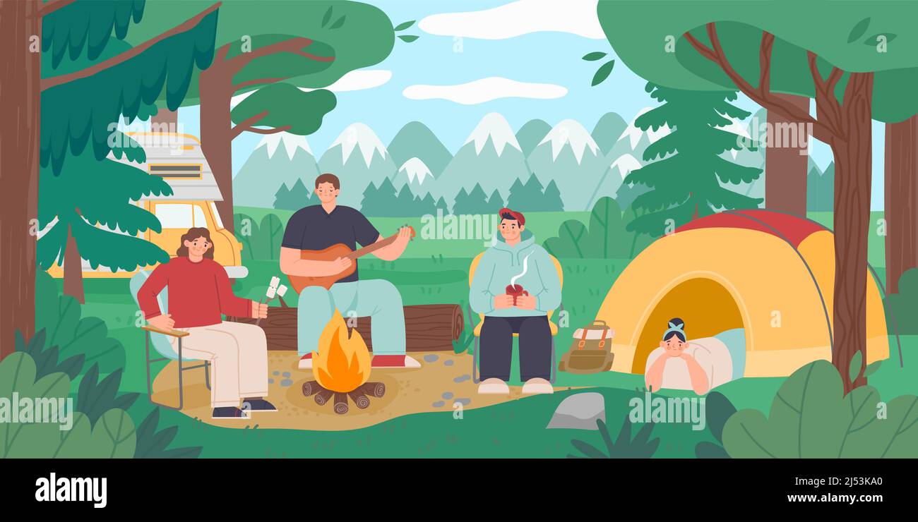 Camping people landscape. Tourist persons sitting around bonfire on nature, active vacation scene. Vector illustration Stock Vector