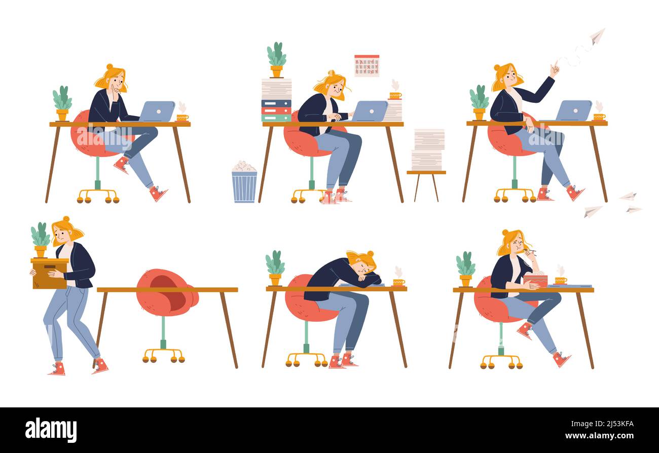 Employee character work with laptop in office. Concept of procrastination, deadline, dismissal. Vector flat illustration of workplace with woman busy, lazy, sleeping, eating, and fired Stock Vector