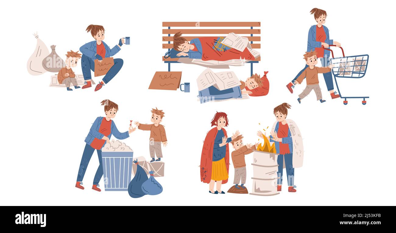 Poor homeless people live on city street, sleep on bench, begging money. Concept of poverty, problems of beggars, refugee, jobless. Vector flat illustration of sad needy woman and boy Stock Vector