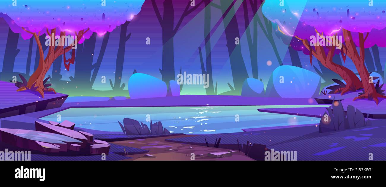 Night forest landscape with secret pond and neon glowing trees. Fantasy nature cartoon background with calm lake with moonlight reflection on surface. Wild beautiful scenery wood, Vector illustration Stock Vector Image & Night forest landscape with secret pond and neon glowing trees. Fantasy nature cartoon background with calm lake with moonlight reflection on surface. Wild beautiful scenery wood, Vector illustration Stock Vector Image &