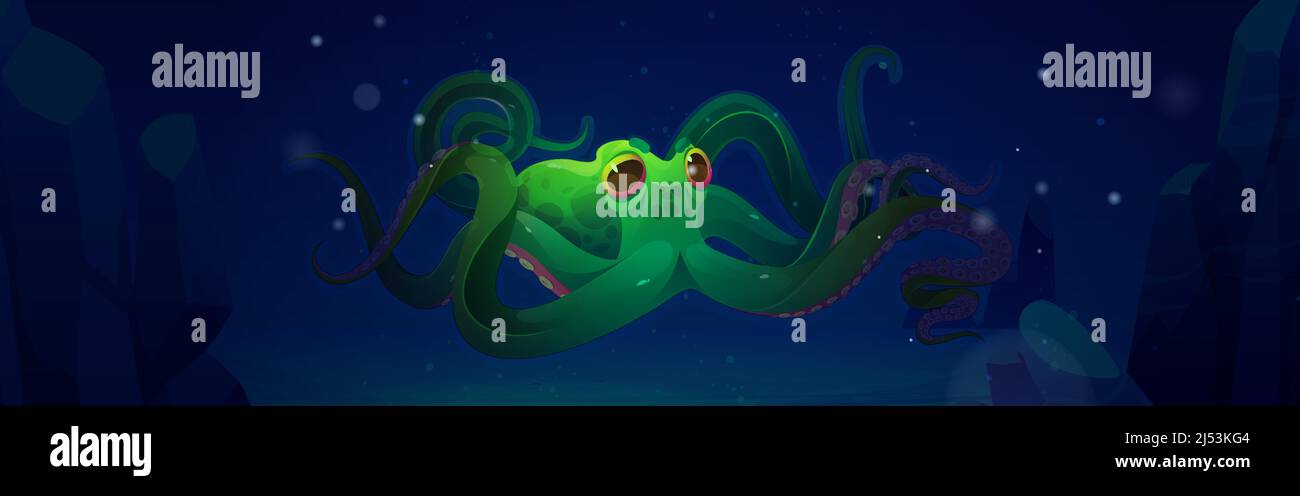 Green octopus swim in ocean water at night. Vector cartoon illustration ...