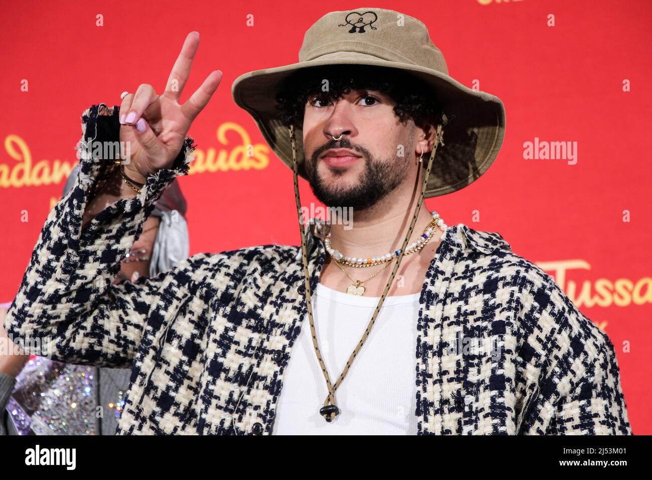 New York City, United States. 19th Apr, 2022. MANHATTAN, NEW YORK CITY, NEW YORK, USA - APRIL 19: Puerto Rican rapper Bad Bunny reveals wax figures for Madame Tussauds New York and Madame Tussauds Orlando at Madame Tussauds New York on April 19, 2022 in Manhattan, New York City, New York, United States. (Photo by Jordan Hinton/Image Press Agency) Credit: Image Press Agency/Alamy Live News Stock Photo