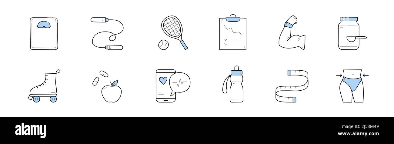 Healthy lifestyle icons with sport equipment, muscular arm, diet food ...
