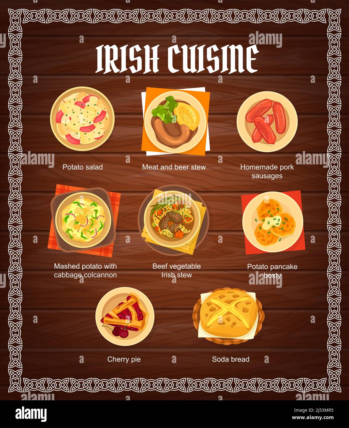 Irish cuisine restaurant dishes menu. Soda bread, beef vegetable Irish stew and cherry pie, potato salad, homemade pork sausages, and Boxty pancake, meat and beer stew vector. Irish food meals banner Stock Vector